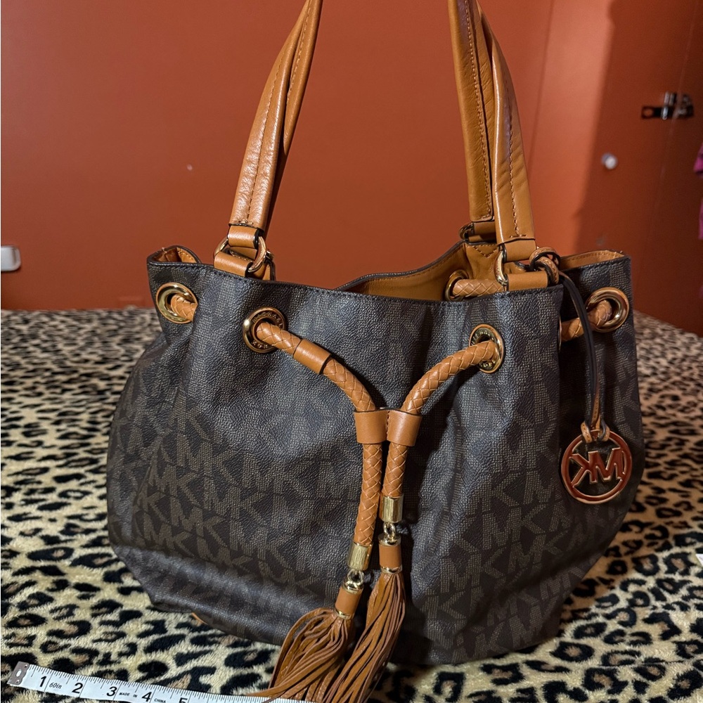Michael Kors Brown and Tan Shoulder Bag with Monogram Print